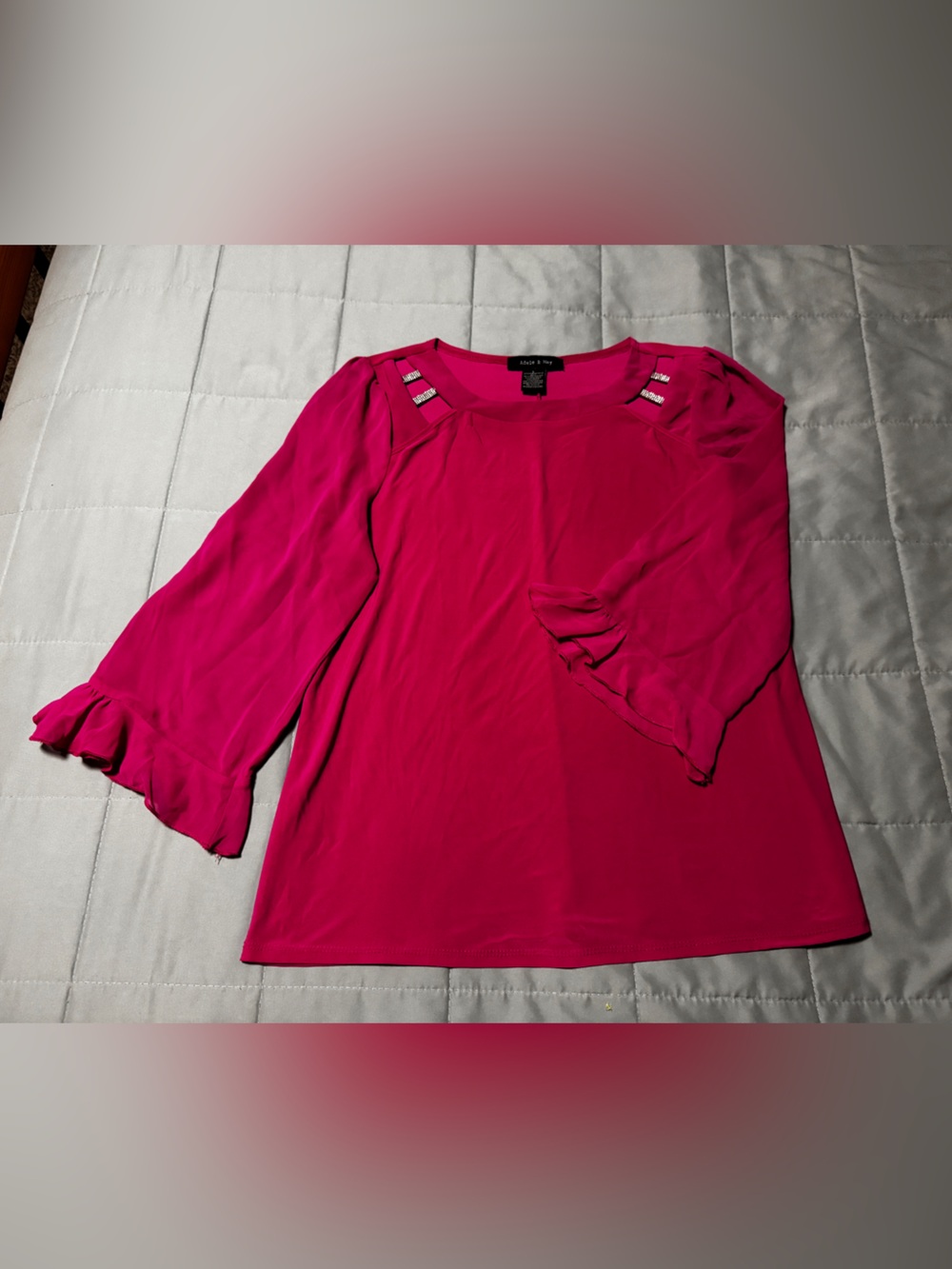 Adele & May Pink Square Neck Chiffon Blouse Rhinestone Accent 3/4 Sleeve L